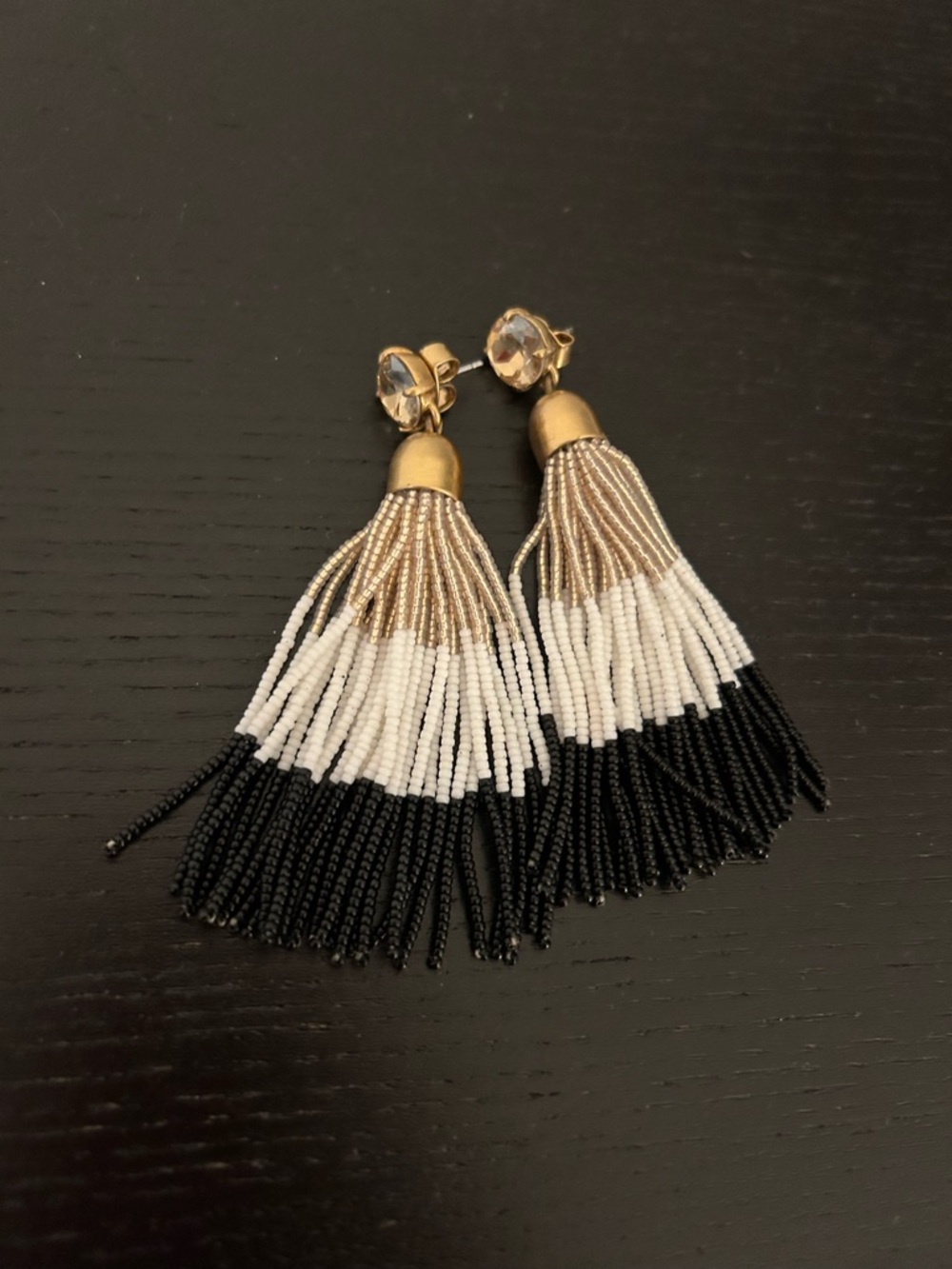 Gold, White & Black Beaded Tassel Drop Earrings